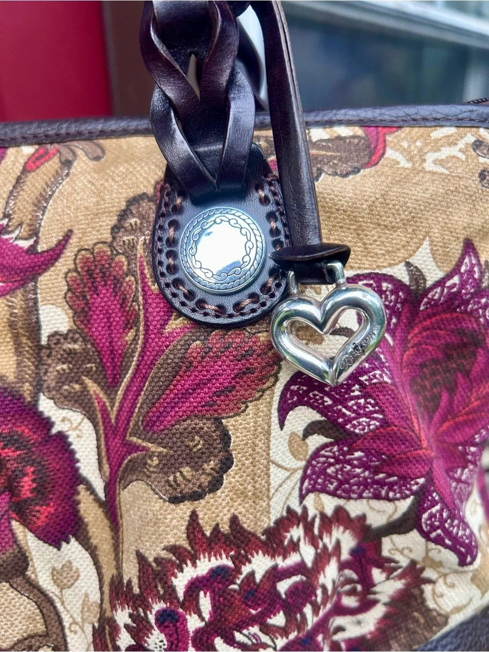 Brighton Floral Tapestry Leather Shoulder Bag Tote Silver Heart Charm